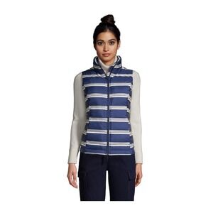 Lands End Down Womens Puffer Vest Navy Blue White Striped Size Small 6-8 Zip Up